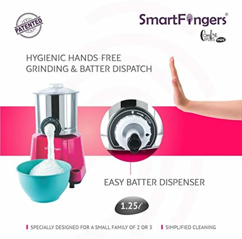SmartFingers 1.25 L Comfort Plus Mini 110V Wet Grinder for USA, 120W Motor, Hands-Free Batter Dispenser
