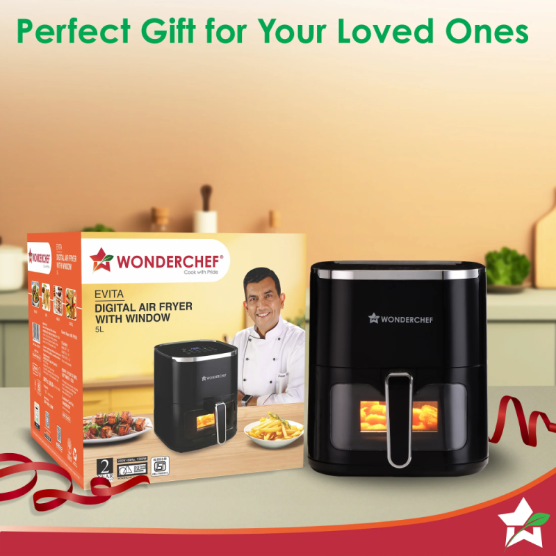 Wonderchef Evita 5L 1350W Digital Air Fryer, 12 Preset Menus, Rapid Air 360° Circulation, Viewing Window & Chamber Light