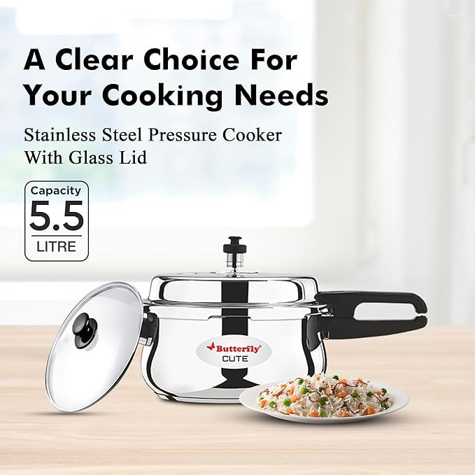 Butterfly Cute 5.5 Litre Stainless Steel Pressure Cooker with Glass Lid, Induction Base & Gasket Release