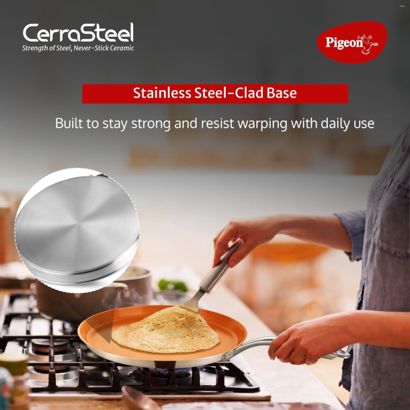 Pigeon CerraSteel Flat Tawa 310 30 cm Non-Stick Cookware, Copper Colour