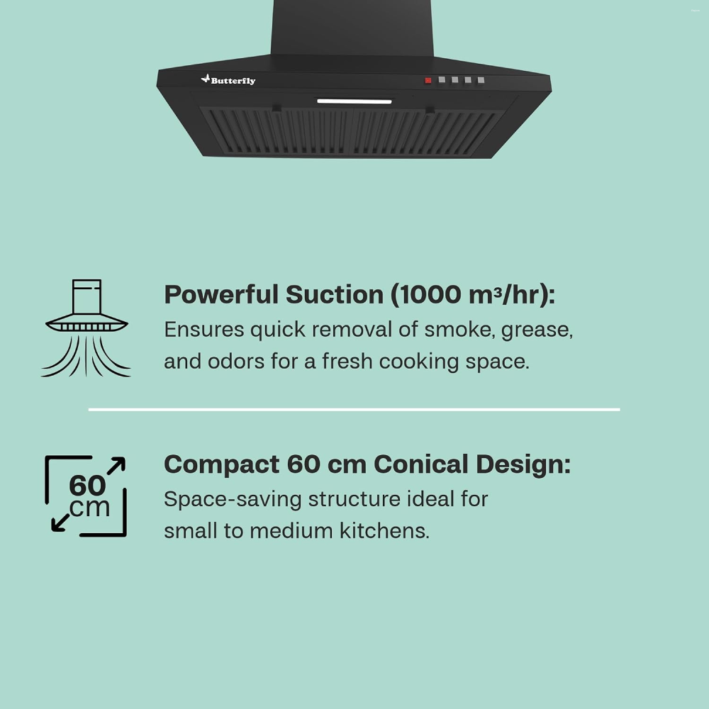 Butterfly CH 601 60 cm Conical Kitchen Chimney with 1000 m³/hr Suction, Dual Baffle Filter & 3-Speed Control