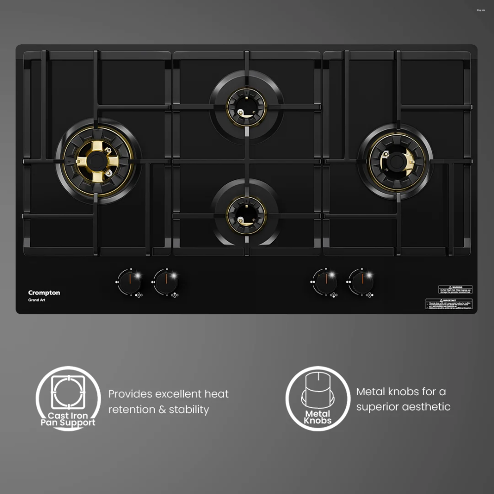 Crompton GrandArt 90cm 4 Burner Built-in Gas Hob with Full Brass 3D Burners & Flame Failure Safety (HOB-GAFB904-MBL)