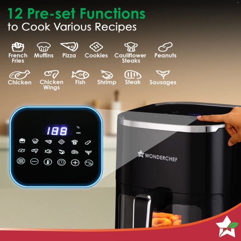 Wonderchef Evita 5L 1350W Digital Air Fryer, 12 Preset Menus, Rapid Air 360° Circulation, Viewing Window & Chamber Light