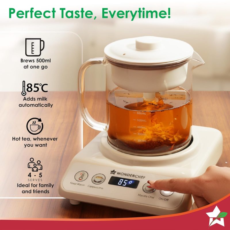Wonderchef Chai Magic 600W 500ml Automatic Tea & Cappuccino Maker, 4 Modes, Automatic Milk Dispensing & Self-Cleaning
