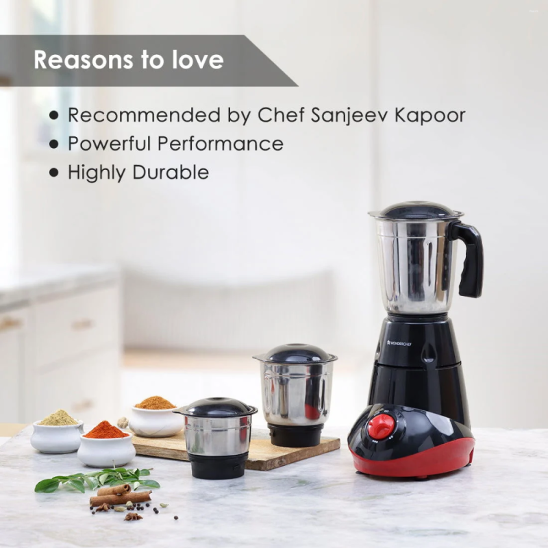 Wonderchef Capri 550W Mixer Grinder with 3 Stainless Steel Jars, Copper Motor, Stainless Steel Blades & Overload Protection
