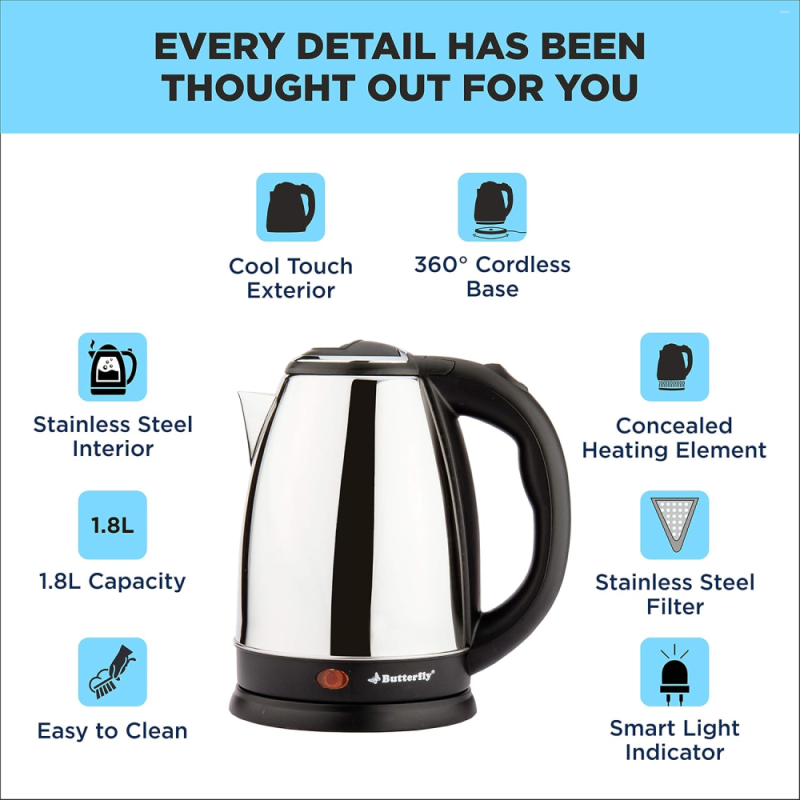 Butterfly EKN 1.8 Litre 1500W Stainless Steel Electric Kettle with Auto Cut-Off, Concealed Heating Element & Thermostat Control