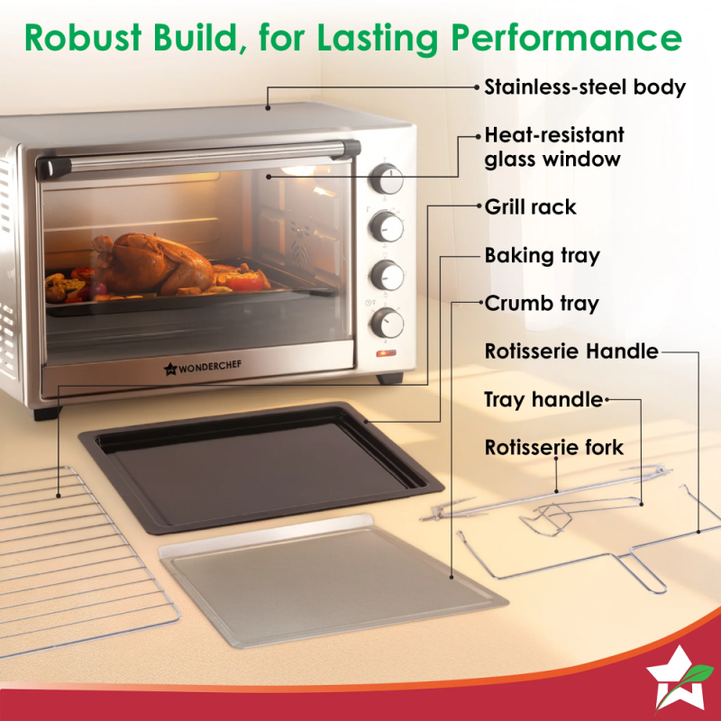 Wonderchef OTG SS 60L 2000W Oven Toaster Griller, Rotisserie, Convection, 6-Stage Heat Selection & 250°C