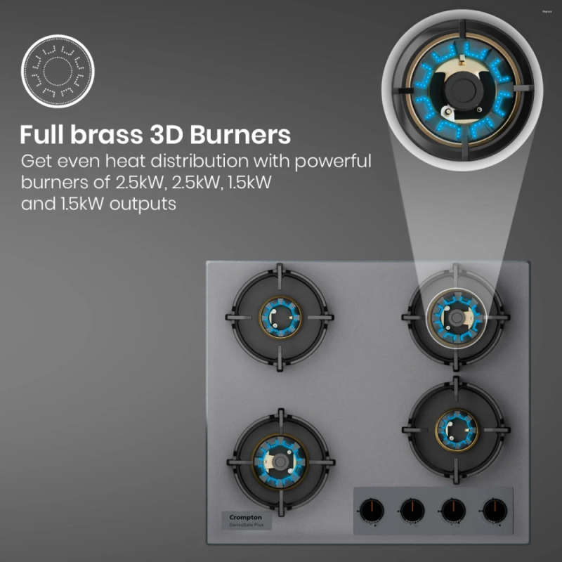 Crompton SensoSafe Plus 60cm 4 Burner Built-in Gas Hob with Full Brass 3D Burners, Auto Ignition & Flame Failure Safety (HOB-SSFB604SP-MBU)