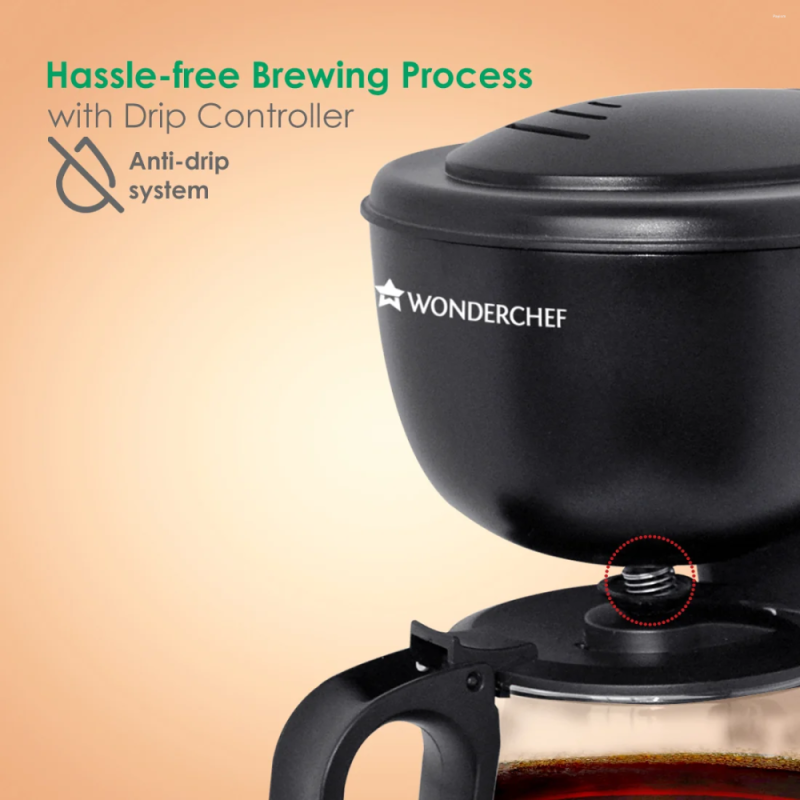 Wonderchef Onyx Brew 600W 750ml Drip Coffee Maker, 6 Cups, Borosilicate Glass Carafe, Hot Plate & Anti-Drip