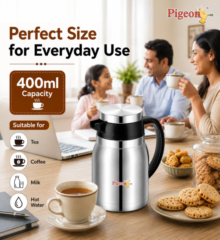 Pigeon Hot Shot 400 ml Stainless Steel Insulated Tea Jug with Double-Wall Vacuum Insulation