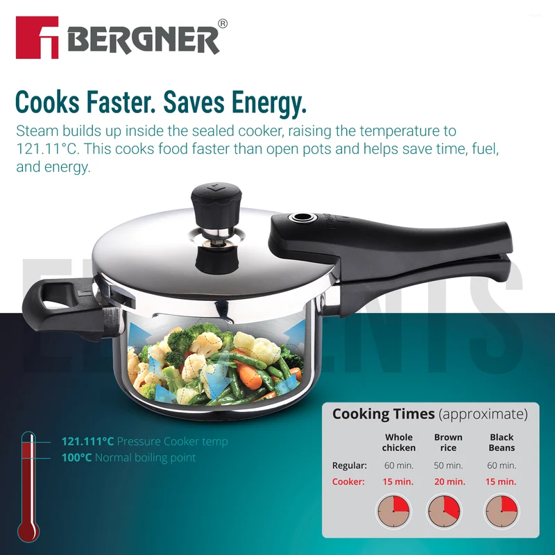 Bergner Argent Elements Elements SS Pressure Cooker 1.5L Tri-Ply Stainless Steel, Induction Ready BGD-9700-MM