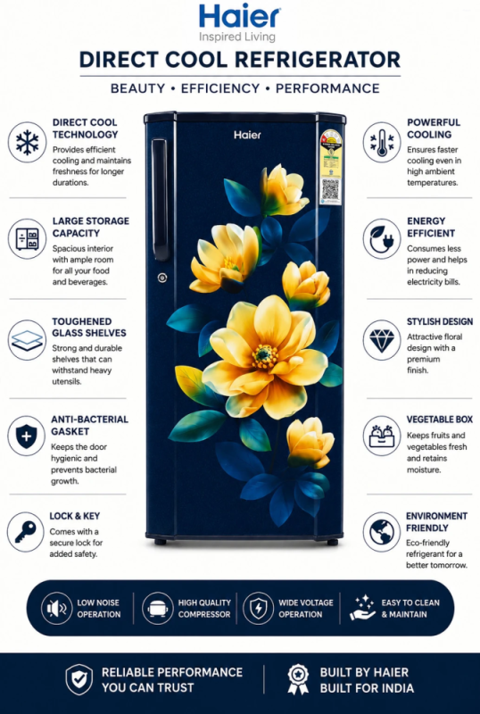 Haier 185 L 1 Star Single Door Direct Cool Refrigerator with DEFT, Stabilizer Free Operation & Toughened Glass Shelves HRD-2051SMFA-P