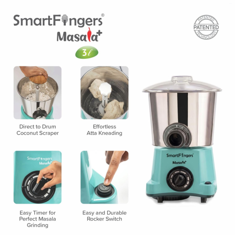 SmartFingers 3 L Masala Plus Wet Grinder, Wet Masala & Batter Dispenser, Stainless Steel Drum