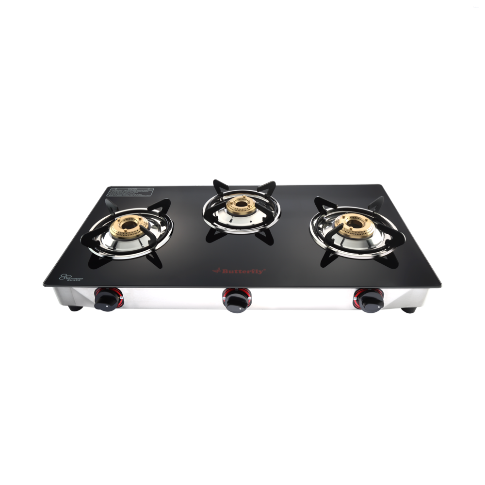 Butterfly Trio Plus 3B 3 Burner Glass Top Gas Stove with Brass Burners, Toughened Glass & ABS Knobs
