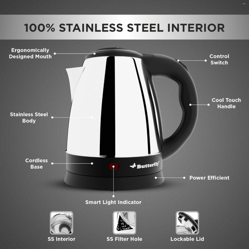 Butterfly EKN 1.5 Litre 1500W Stainless Steel Electric Kettle with Auto Cut-Off, Concealed Heating Element & Wide Mouth