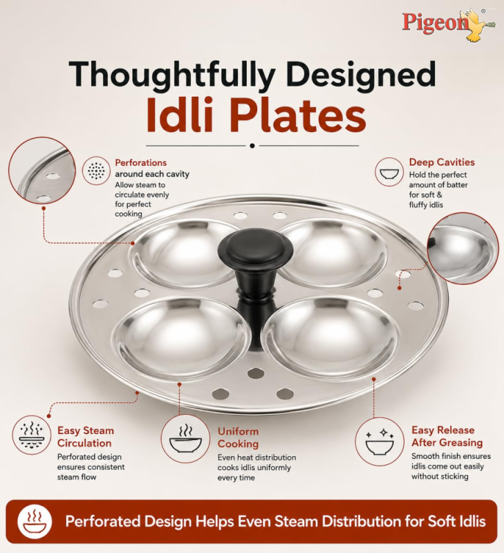 Pigeon Classic-4 4-Plate Stainless Steel Idli Cooker for 16 Idlis with Induction & Gas Stove Compatibility