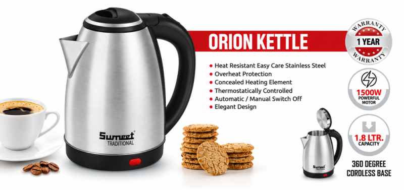 Sumeet Traditional Orion 1.8L Electric Kettle 1500W with Stainless Steel Body & Automatic Shut-Off