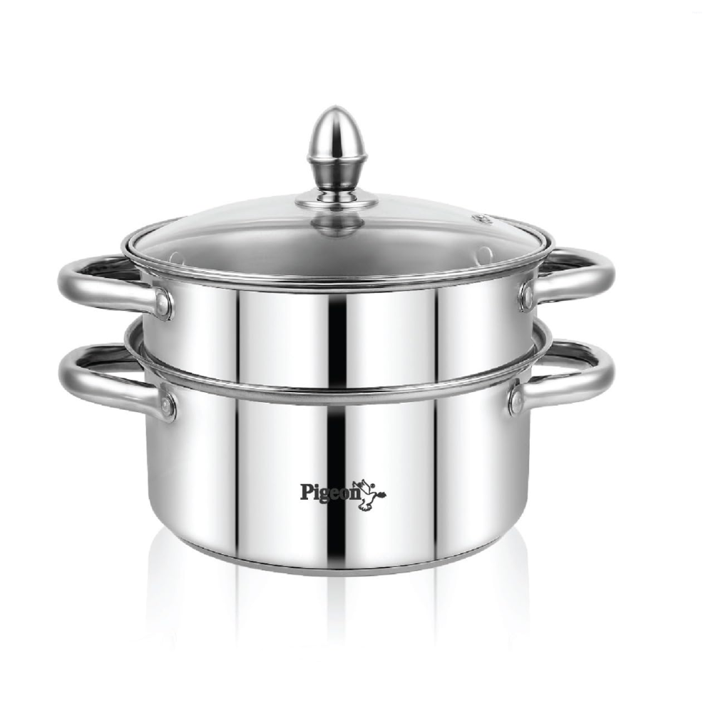 Pigeon Elantra 2-Tier 20 cm Stainless Steel Steamer Pot with Tempered Glass Lid, Induction Base & Dishwasher-Safe Design