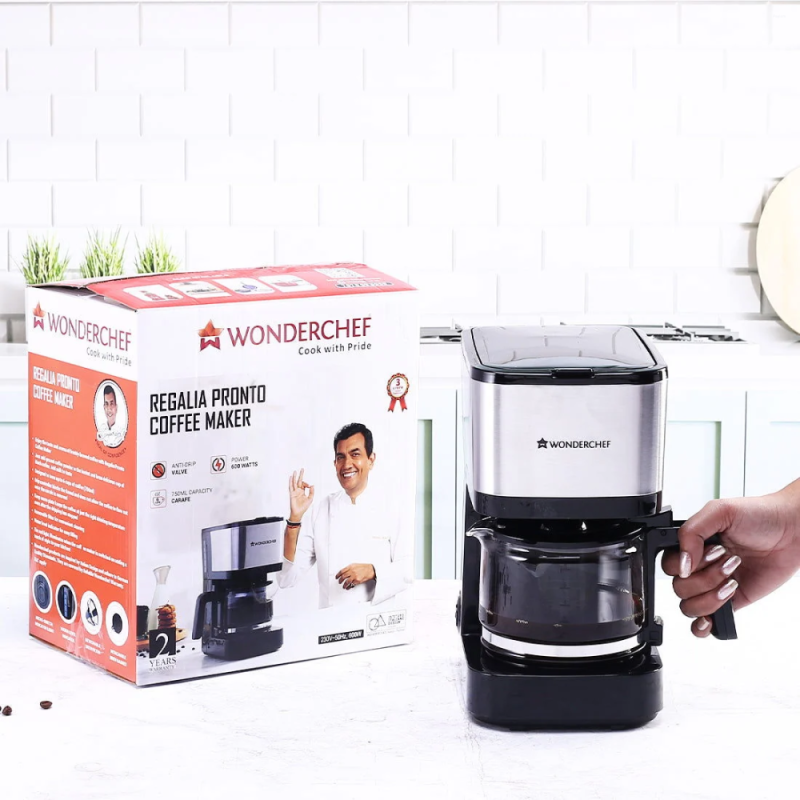 Wonderchef Regalia Pronto 600W Coffee Maker, 750ml Borosilicate Glass Carafe, 6 Cups, Anti-Drip & Auto Shut-Off