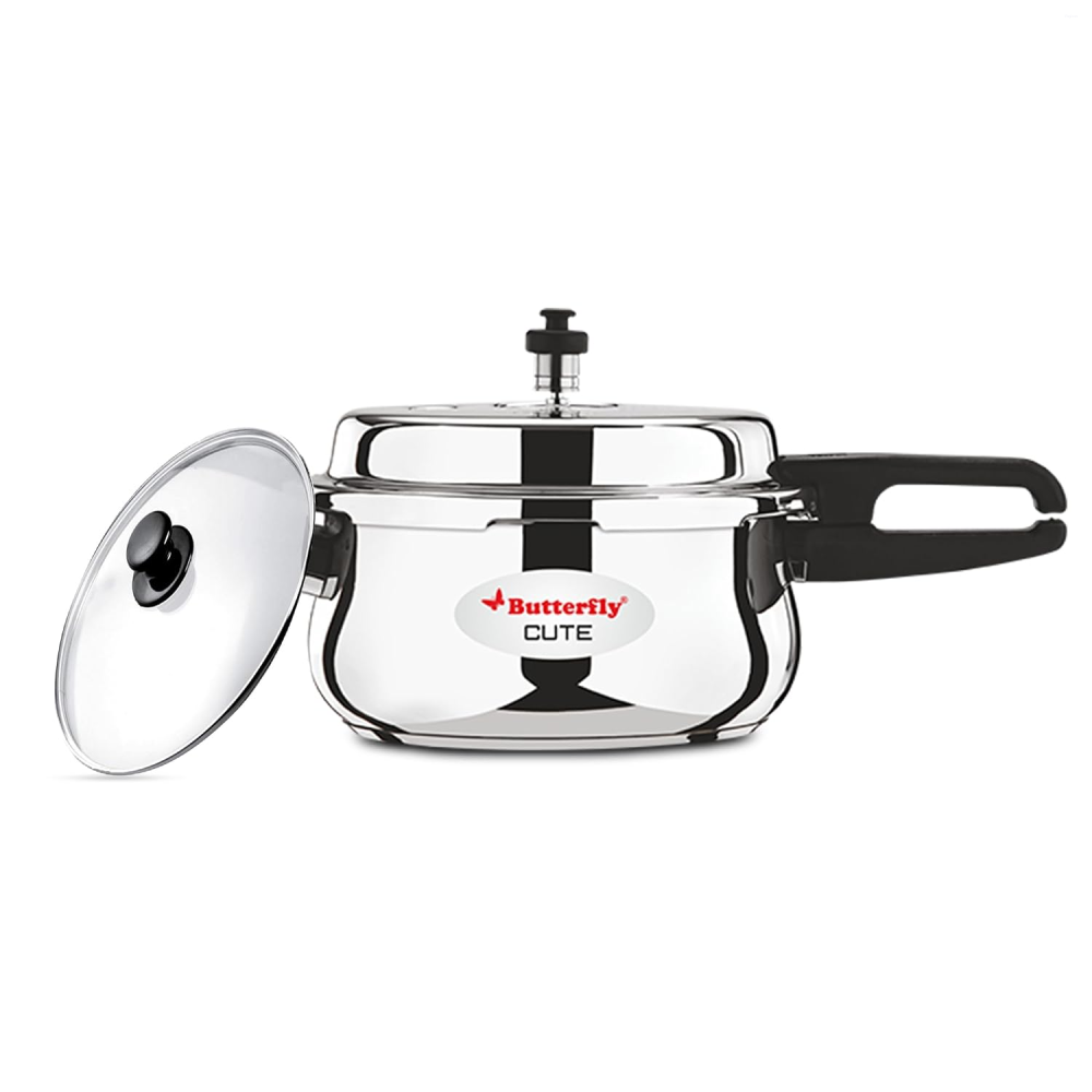 Butterfly Cute 2 Litre Stainless Steel Pressure Cooker with Glass Lid, Induction Base & Triple Safety