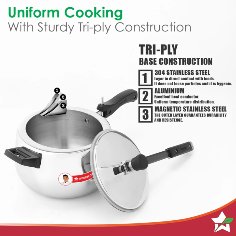 Wonderchef Nigella Tri-Ply 5L Inner Lid Pressure Cooker, 18/10 Stainless Steel, Contour Shape, Induction & Gas Compatible