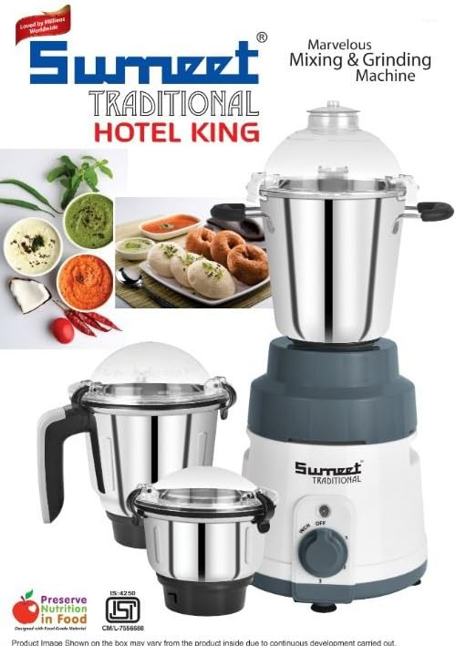 Sumeet Traditional Hotel King HOTELK3 1000W Mixer Grinder with 3 Stainless Steel Jars, 1.5L Liquidizing Jar & Copper Motor