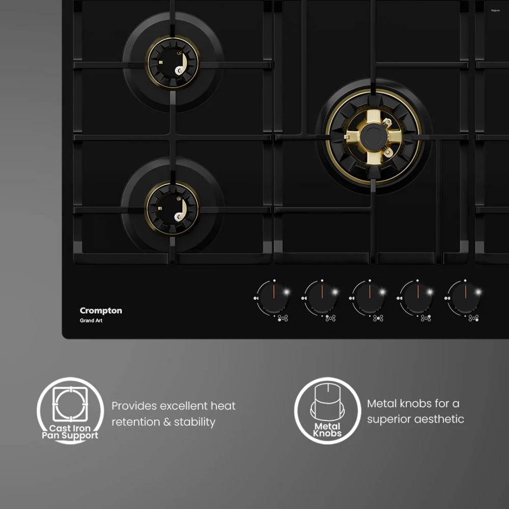 Crompton GrandArt 90cm 5 Burner Built-in Gas Hob with Full Brass 3D Burners & Flame Failure Safety (HOB-GAFB905-MBL)