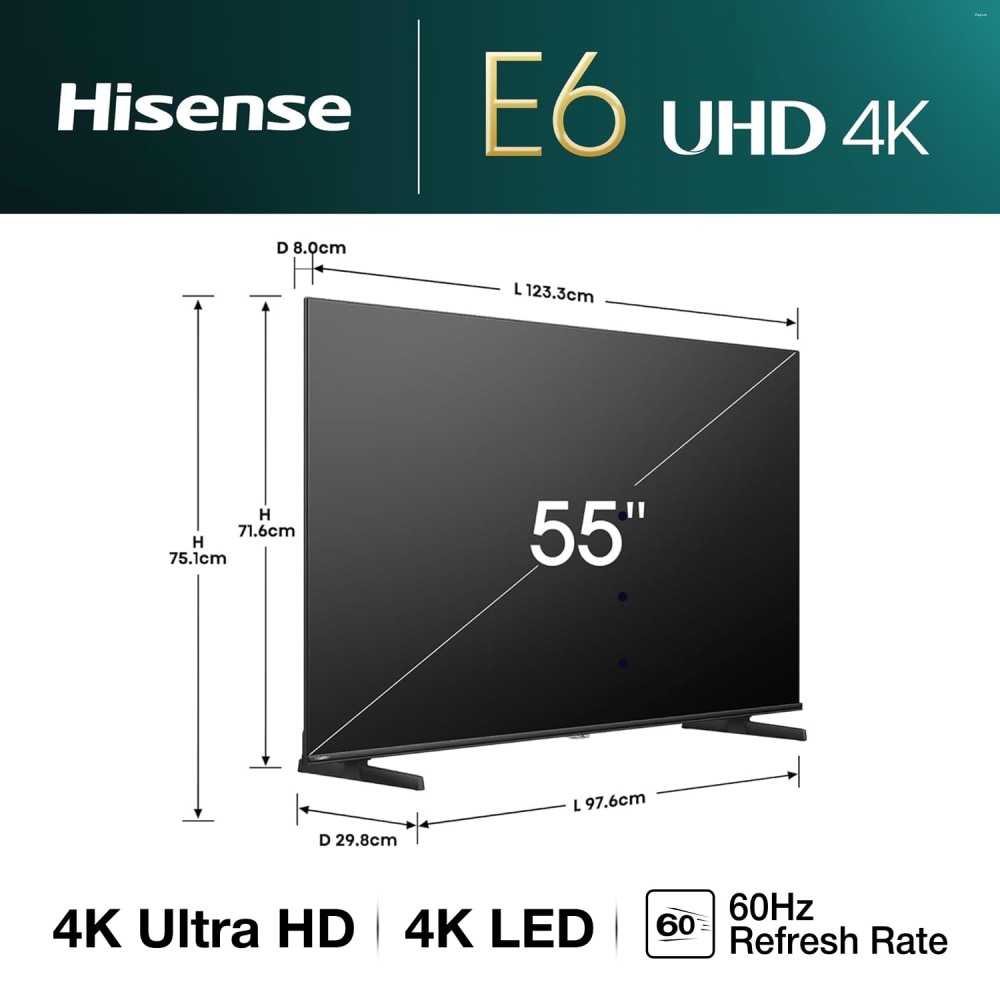 Hisense 55 Inch 4K Ultra HD Smart LED Google TV with Dolby Vision, MEMC, DTS Virtual:X & Bluetooth 5.3 (55E6N)