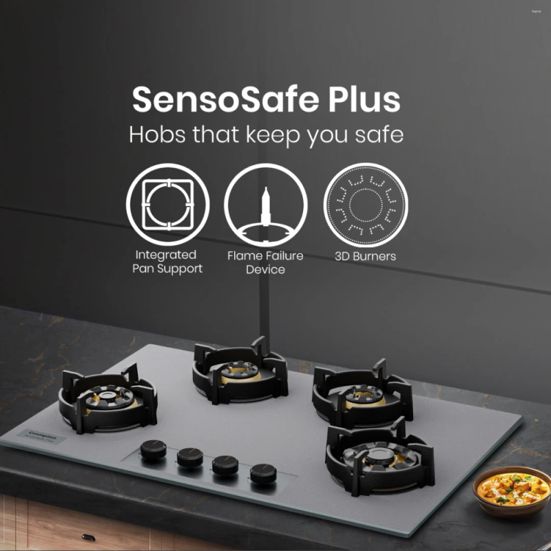 Crompton SensoSafe Plus 80cm 4 Burner Built-in Gas Hob with Full Brass 3D Burners, Auto Ignition & Flame Failure Safety (HOB-SSFB804SP-MBU)