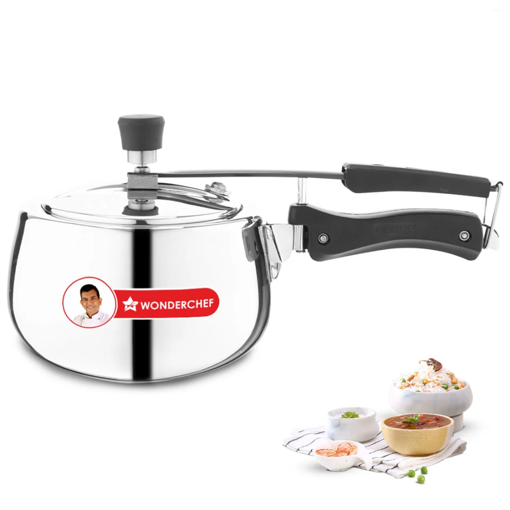 Wonderchef Nigella Tri-Ply 2L Inner Lid Pressure Cooker, 18/10 Stainless Steel, Contour Shape, Induction & Gas Compatible