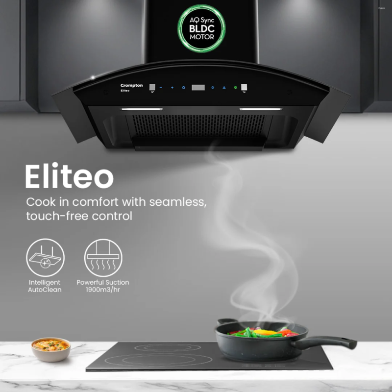 Crompton Eliteo 60cm Curved Filterless Kitchen Chimney with AutoClean, Smart On & Gesture Control (CHD-ELC60FLE-IND)