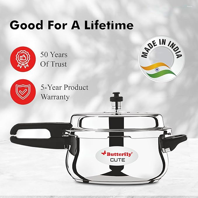 Butterfly Cute 2 Litre Stainless Steel Pressure Cooker with Glass Lid, Induction Base & Triple Safety