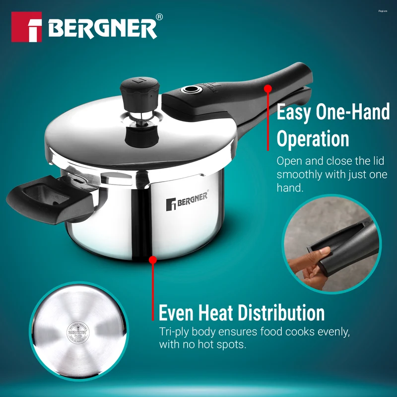 Bergner Argent Elements Elements SS Pressure Cooker 1.5L Tri-Ply Stainless Steel, Induction Ready BGD-9700-MM