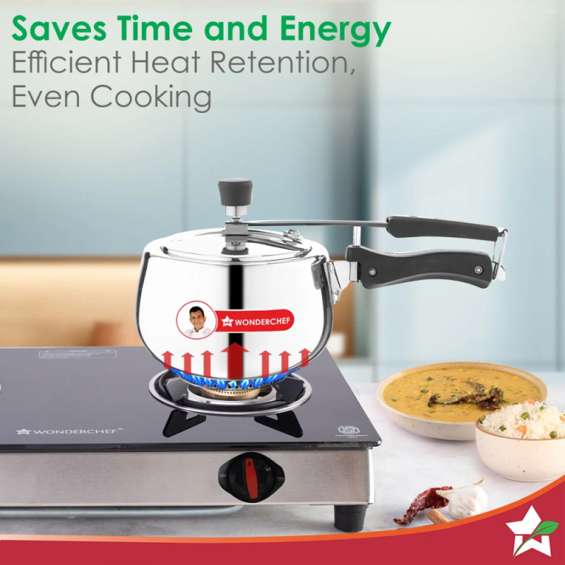 Wonderchef Nigella Tri-Ply 2L Inner Lid Pressure Cooker, 18/10 Stainless Steel, Contour Shape, Induction & Gas Compatible