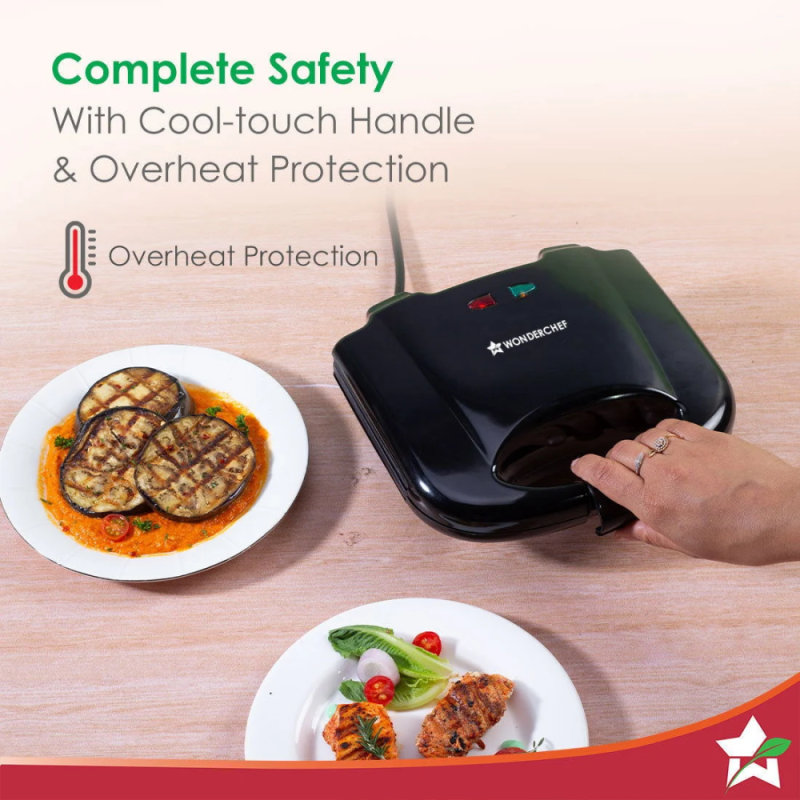 Wonderchef Prato Plus 800W Electric Griller, Auto Temperature Control, Non-Stick Plates, LED Indicator & Oil-Free Toasting