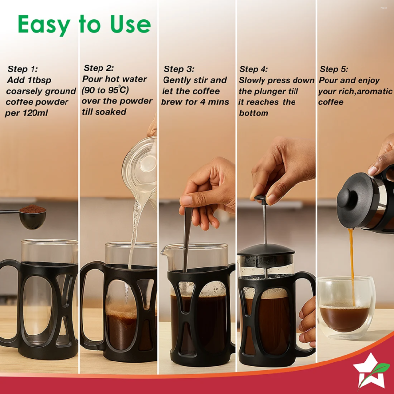 Wonderchef French Press Coffee Maker 600ml, Borosilicate Glass, 18/8 Stainless Steel 4-Level Strainer, Brew in 3 Minutes