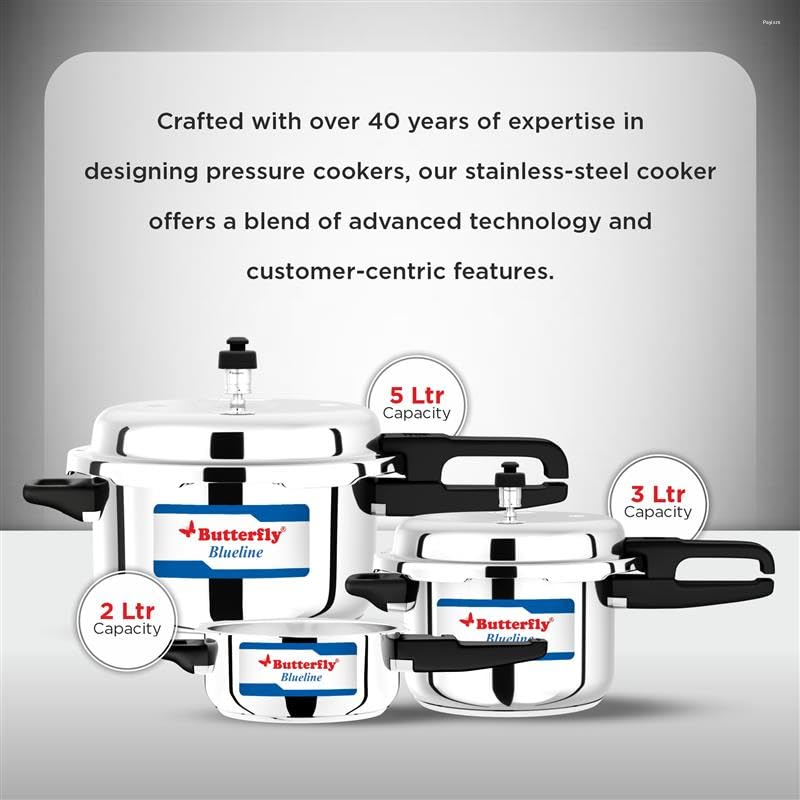 Butterfly Blueline 2L + 3L + 5L Combi Pack Stainless Steel Pressure Cookers with Induction Base & Stay-Cool Handles