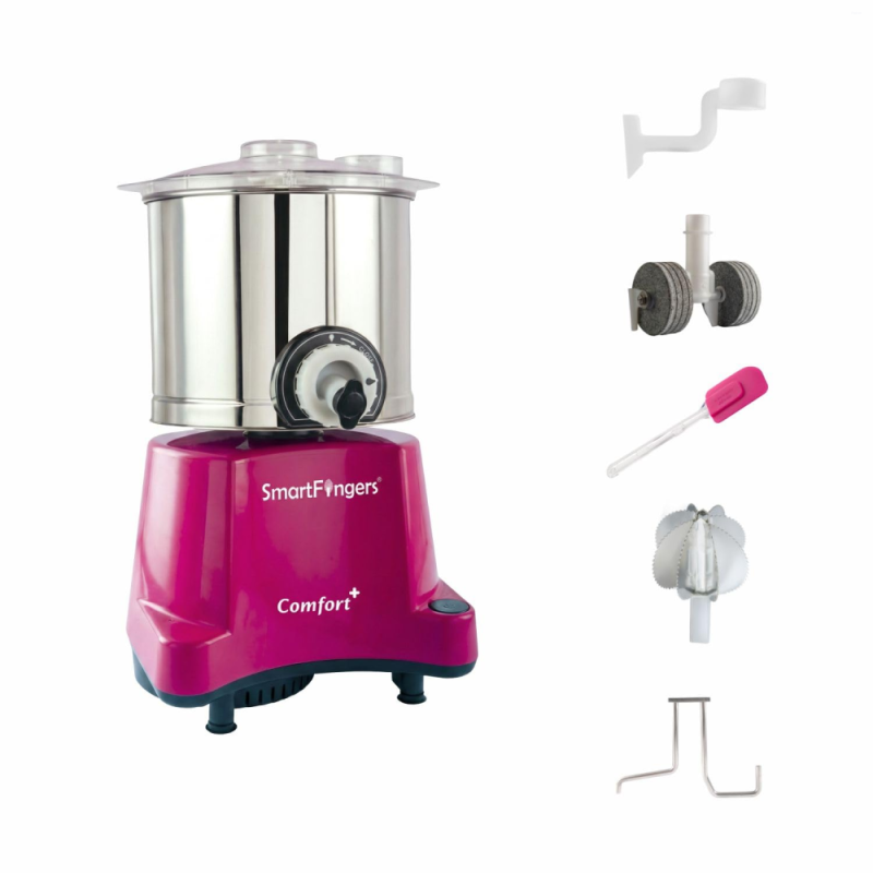 SmartFingers 1.25 L Comfort Plus Mini Wet Grinder with Atta Kneader Attachment, 120W Motor, Hands-Free Batter Dispenser