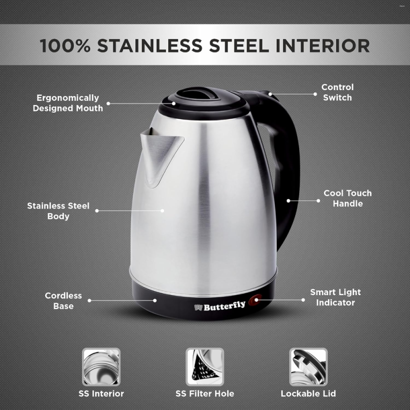 Butterfly Evo Pro 1.5 Litre 1350W Stainless Steel Electric Kettle with Auto Shut-Off, 360° Swivel Base & Cool-Touch Handle