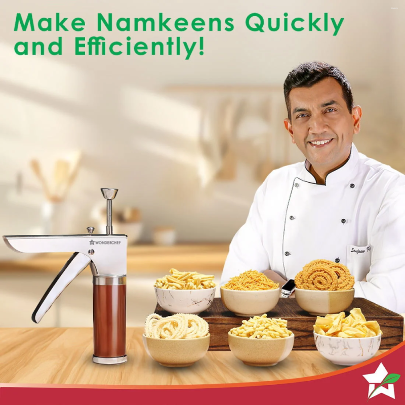 Wonderchef Snacks Maker with 12 Jalis, Stainless Steel Manual Press for Sev, Bhujiya, Chakli, Murukku & Papdi