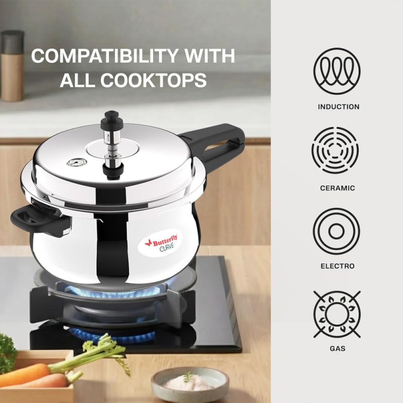 Butterfly Curve 3 Litre Stainless Steel Pressure Cooker with Outer Lid, Induction Base & Stay-Cool Handle