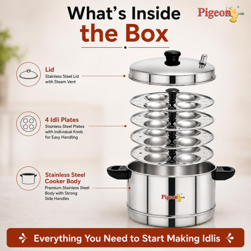 Pigeon Classic-4 4-Plate Stainless Steel Idli Cooker for 16 Idlis with Induction & Gas Stove Compatibility