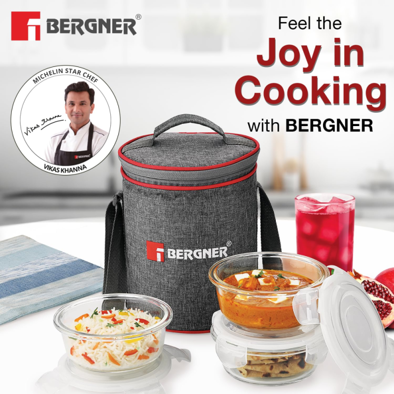Bergner Acadia 4pcs Lunch Bag Set (3 Glass Container + 1 Lunch Bag) 400ml x 3 Borosilicate Glass, Acacia Wood Lid BGIN-6490