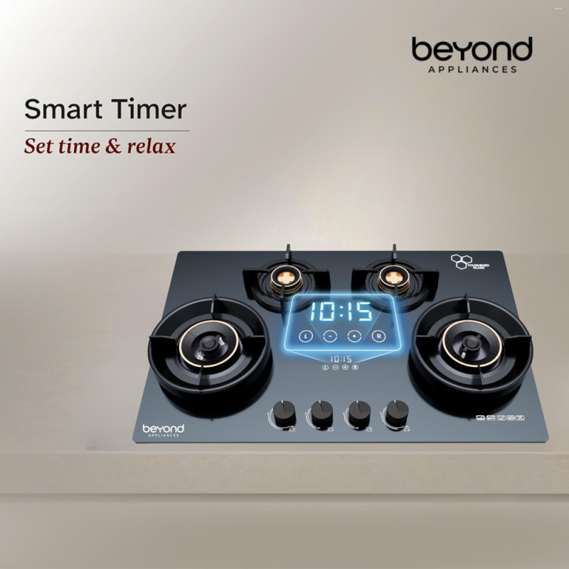 Beyond by BeyondNXT Zyra BAHO-ZR4BL-KE-003 4 Burner Gas Cooktop with Toughened Glass & Brass Burners