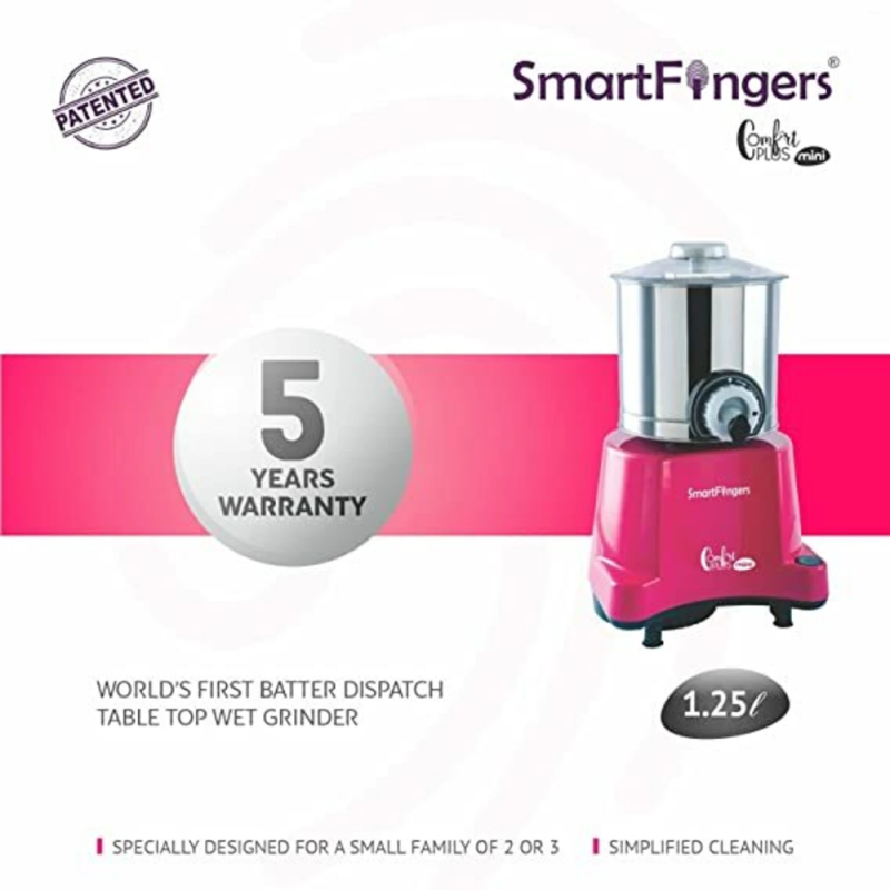 SmartFingers 1.25 L Comfort Plus Mini Wet Grinder, 120W Motor, Hands-Free Batter Dispenser, AISI 304 SS Drum