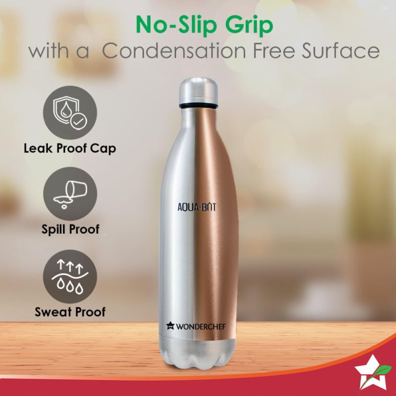 Wonderchef Aqua-Bot 500ml Double Wall Stainless Steel Vacuum Insulated Hot & Cold Flask, Spill & Leak Proof, Silver