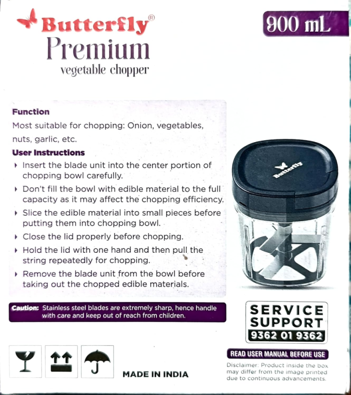 Butterfly Mini Chopper 900 ml Blue Manual Vegetable Chopper with 5 Stainless Steel Blades, Food-Safe Body & Non-Skid Base