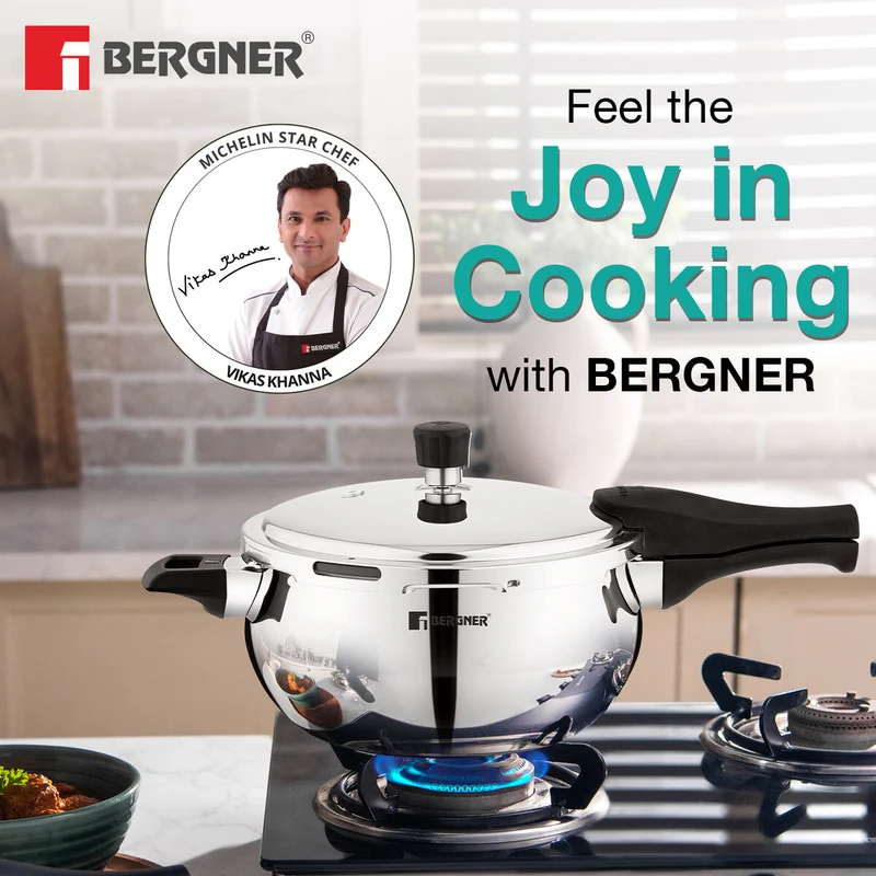 Bergner Argent Paarth Tri-Ply SS Outer Lid Pressure Cooker 2L Tri-Ply Stainless Steel, Induction Ready BGIN-6561