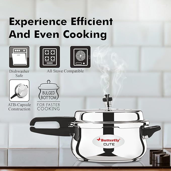 Butterfly Cute 2 Litre Stainless Steel Pressure Cooker with Glass Lid, Induction Base & Triple Safety