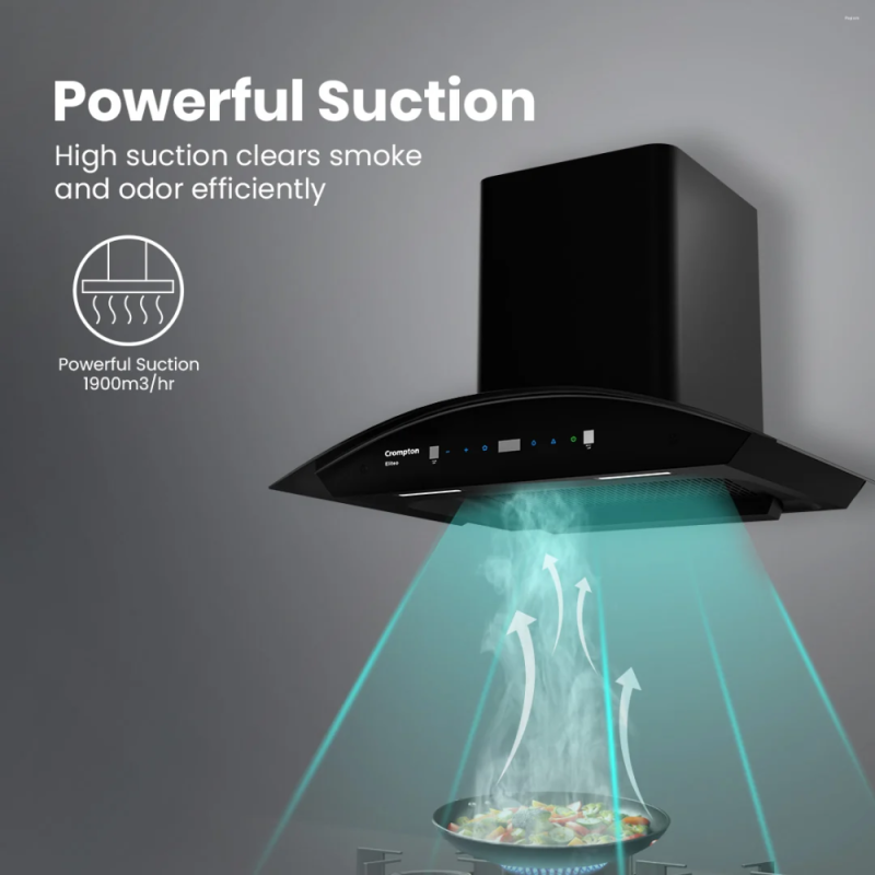 Crompton Eliteo 60cm Curved Filterless Kitchen Chimney with AutoClean, Smart On & Gesture Control (CHD-ELC60FLE-IND)